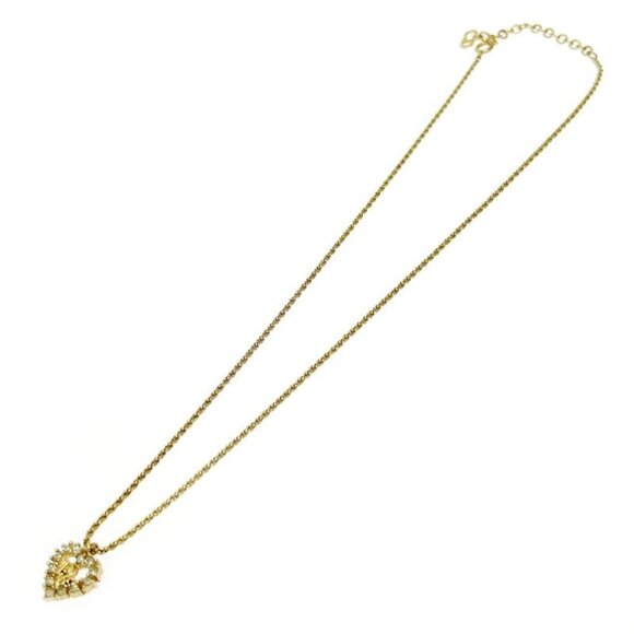 Authentic Christian Dior Heart Necklace GP × Rhinestones  Christian Dior GP Rhinestone Logo Heart Necklace Women Gold Necklace
